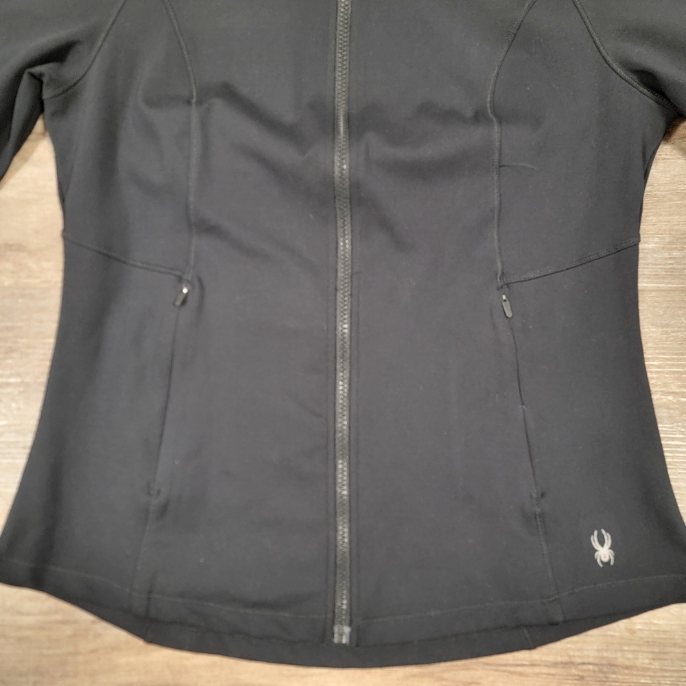 Spyder Active Jacket Womens Medium Black Full Zip Hooded Logo Athleisure Gym - Picture 9 of 12